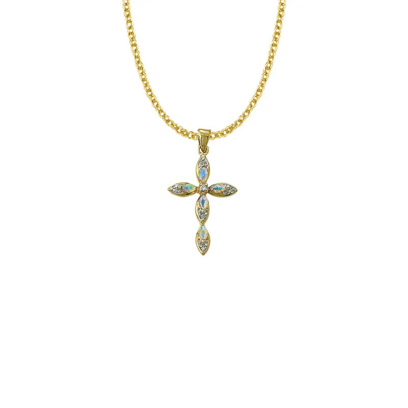 1-1/8 Inch 14KT Gold Plated Over Sterling Silver Pointed Oval Ends Cross Necklace with Opal Stones