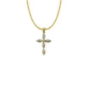 1-1/8 Inch 14KT Gold Plated Over Sterling Silver Pointed Oval Ends Cross Necklace with Opal Stones