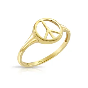14k Solid Gold Round Peace Sign Stackable Ring
