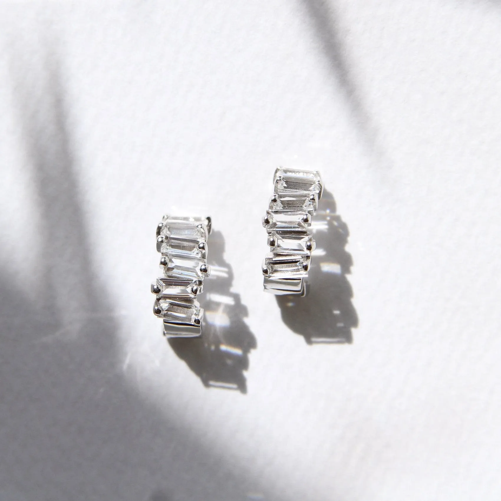 14k White Gold White Topaz Baguette Hoop