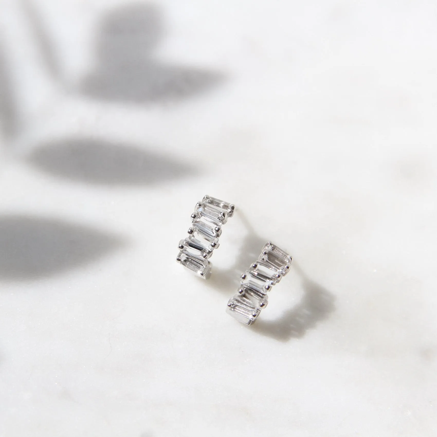 14k White Gold White Topaz Baguette Hoop