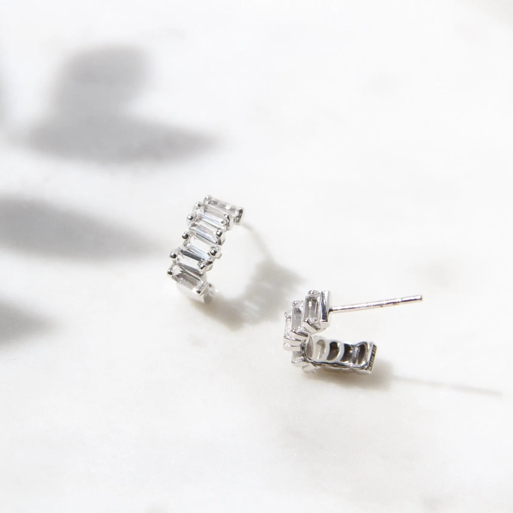 14k White Gold White Topaz Baguette Hoop