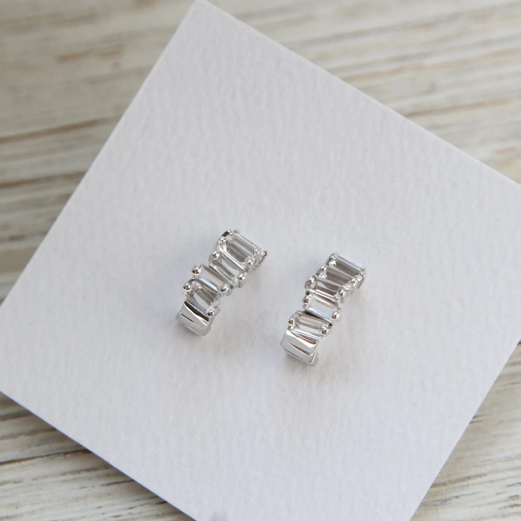 14k White Gold White Topaz Baguette Hoop