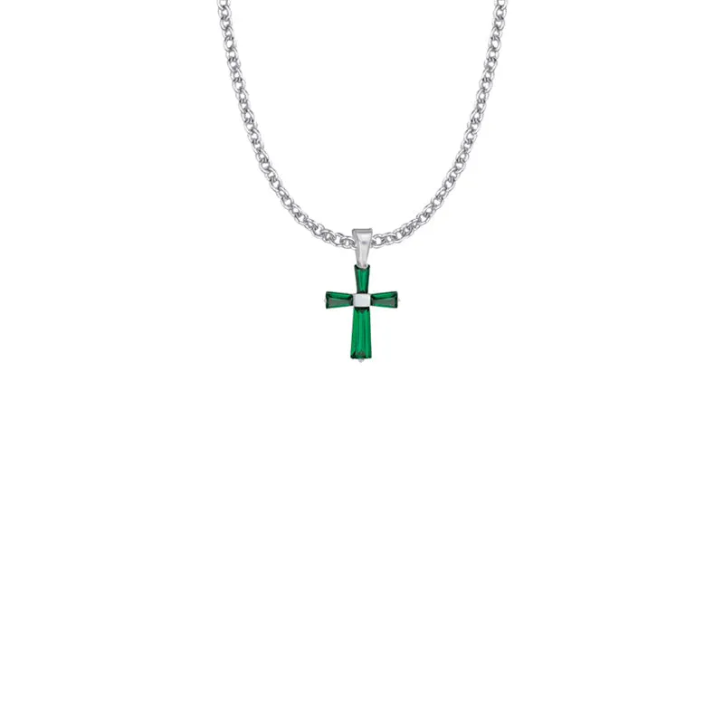 3/4 Inch Sterling Silver and Glass Crystal May Birthstone Baguette Cross Necklace