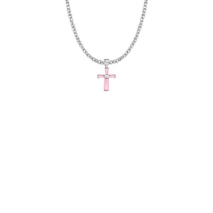 5/8 Inch Sterling Silver and Glass Crystal First Communion October Birthstone Baguette Cross Necklace