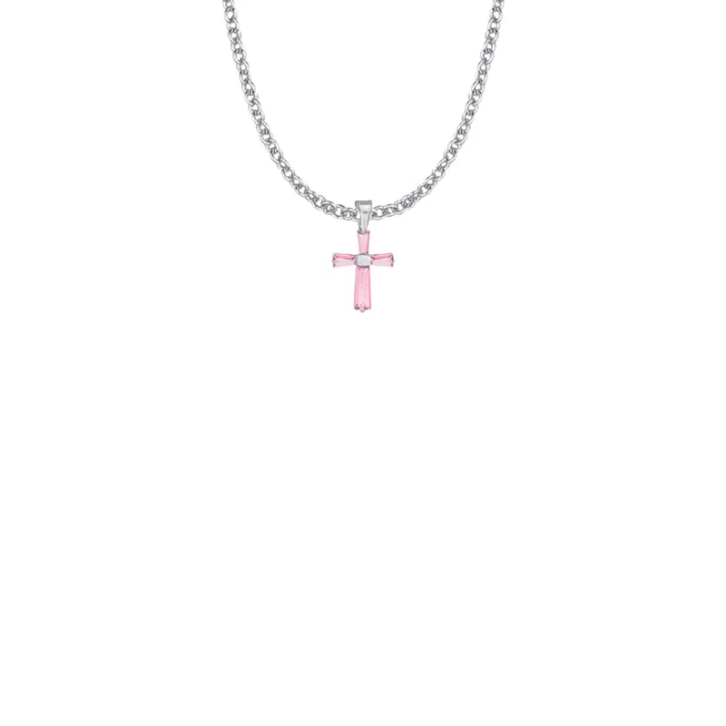 5/8 Inch Sterling Silver and Glass Crystal First Communion October Birthstone Baguette Cross Necklace