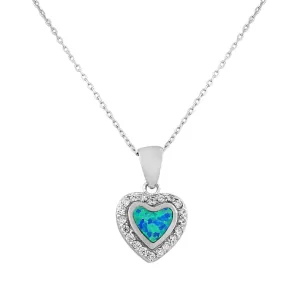 925 Sterling Silver CZ Blue Turquoise-Tone Love Heart Simulated Opal Pendant Necklace
