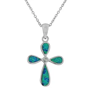 925 Sterling Silver Latin Religious Cross Blue Turquoise-Tone Simulated Opal Pendant Necklace