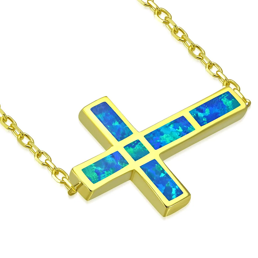 925 Sterling Silver Yellow Gold-Tone Blue Simulated Opal Sideways Cross Pendant Necklace