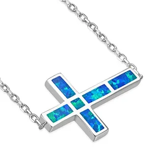 925 Sterling Silver Yellow Gold-Tone Blue Simulated Opal Sideways Cross Pendant Necklace