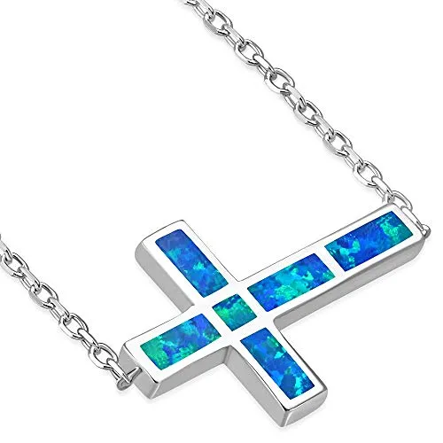 925 Sterling Silver Yellow Gold-Tone Blue Simulated Opal Sideways Cross Pendant Necklace