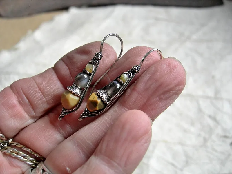 Butterscotch Ear Drops, Wrapped Hook Style Earrings, Yellow Opal