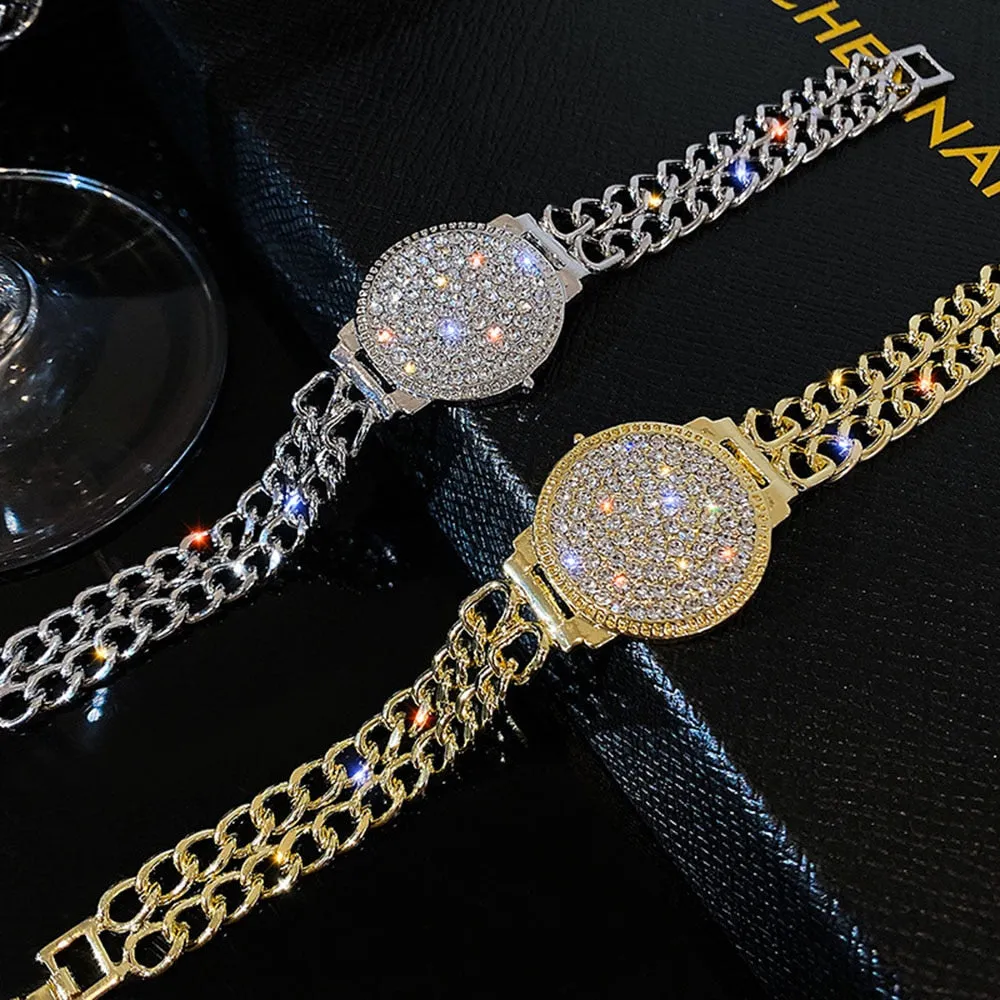 Cool Style Luxury Inlaid Rhinestone Double Chain Watch