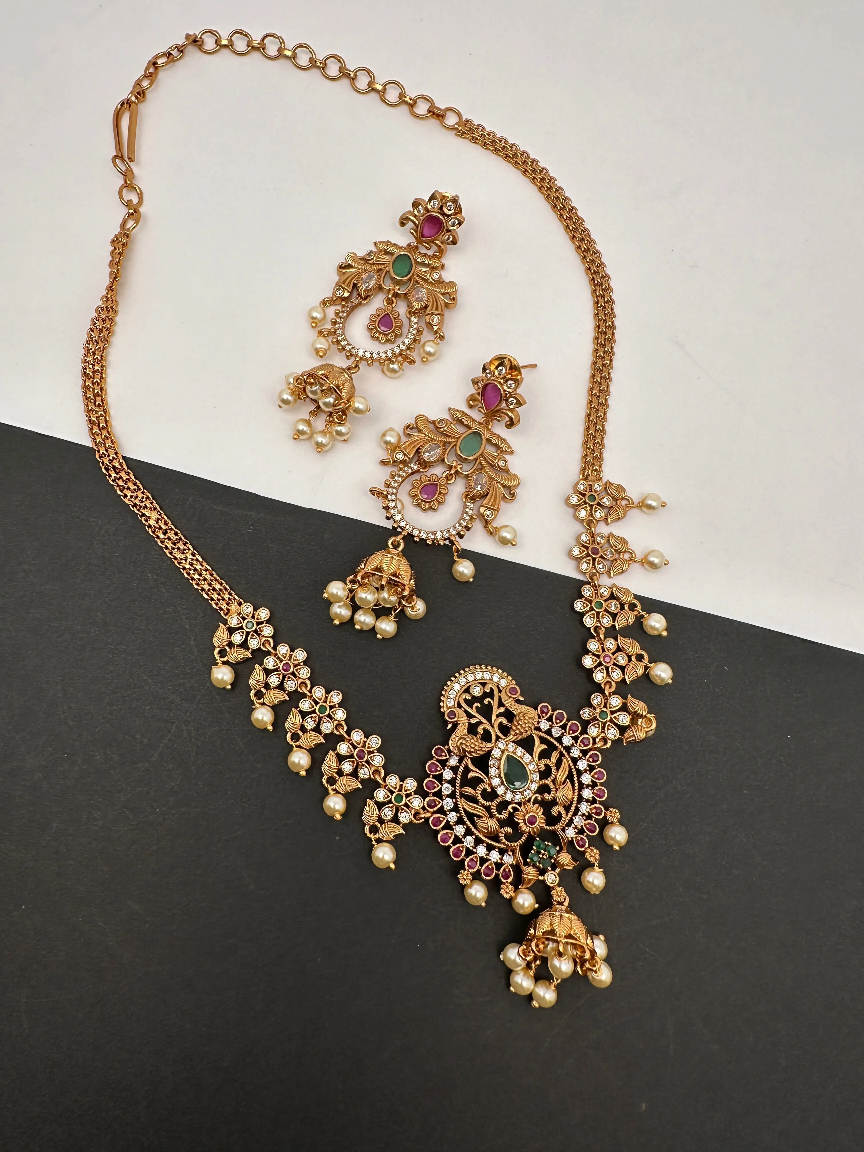 CZ Peacock Red Green Stone Chain Style Dainty Necklace