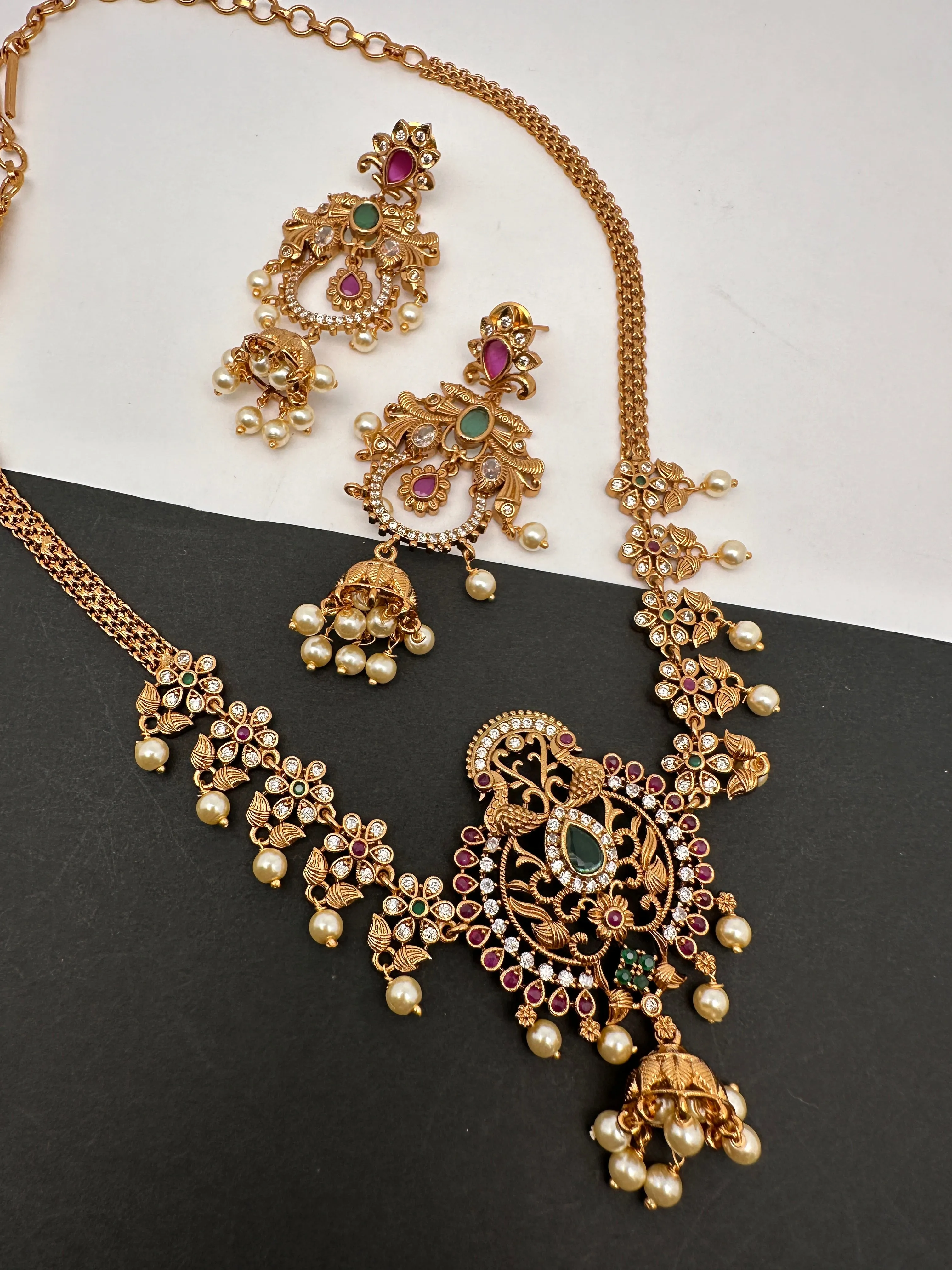 CZ Peacock Red Green Stone Chain Style Dainty Necklace