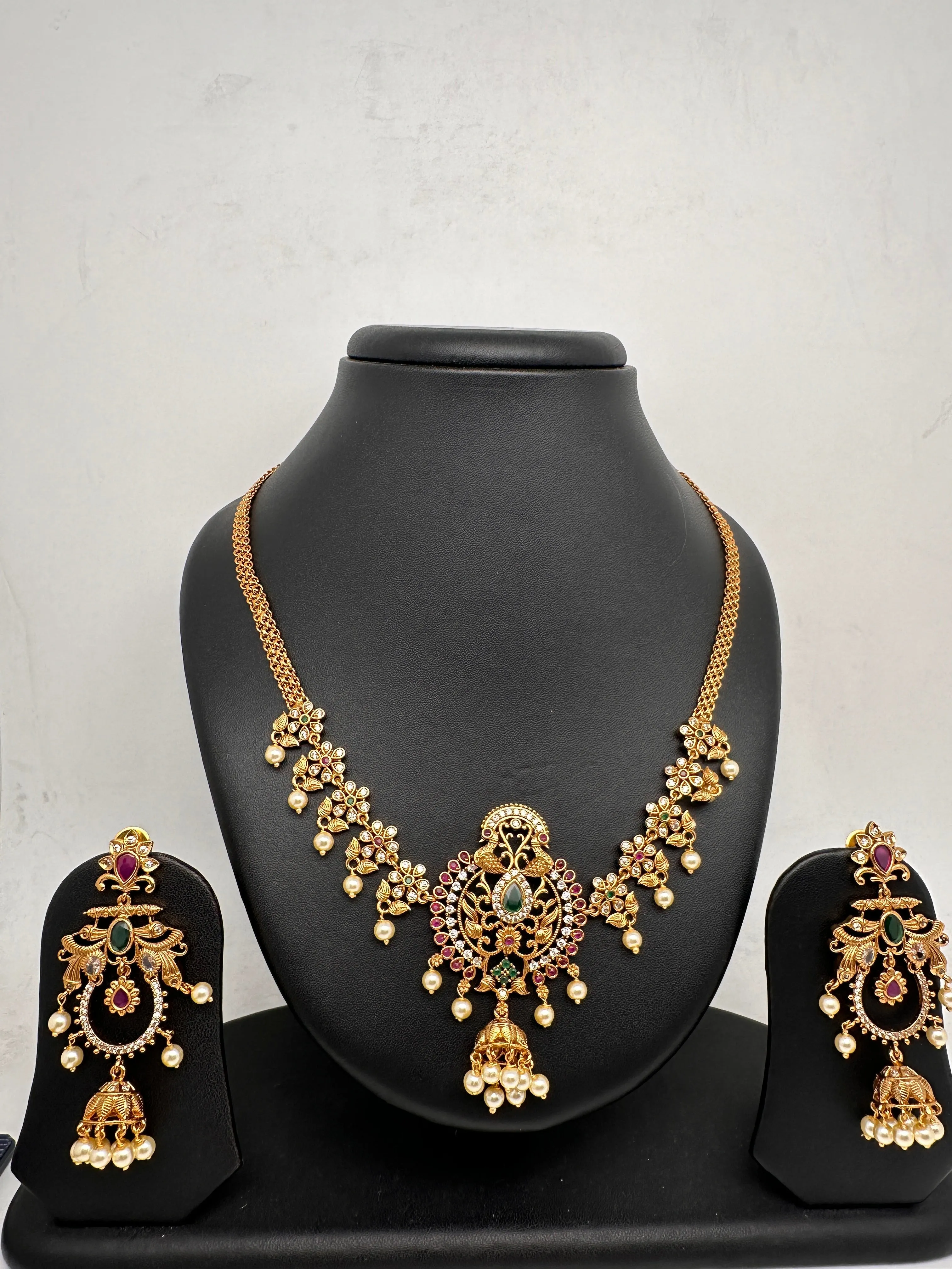 CZ Peacock Red Green Stone Chain Style Dainty Necklace