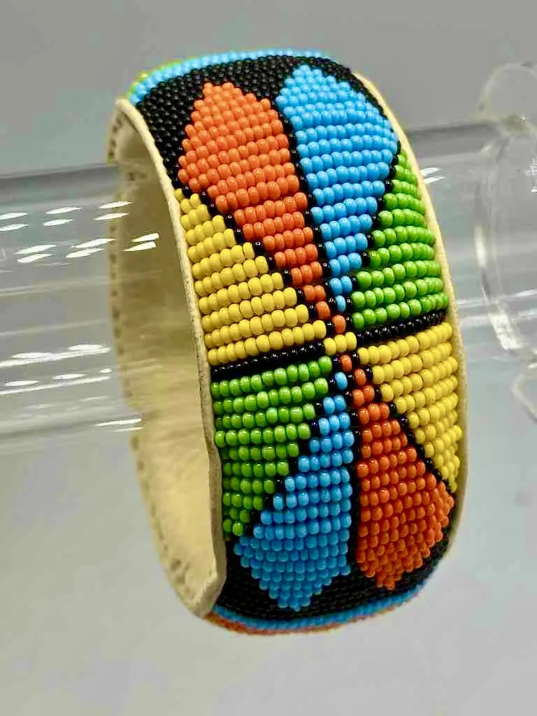 Flower Design Wide Beaded Leather Bracelet - Mali