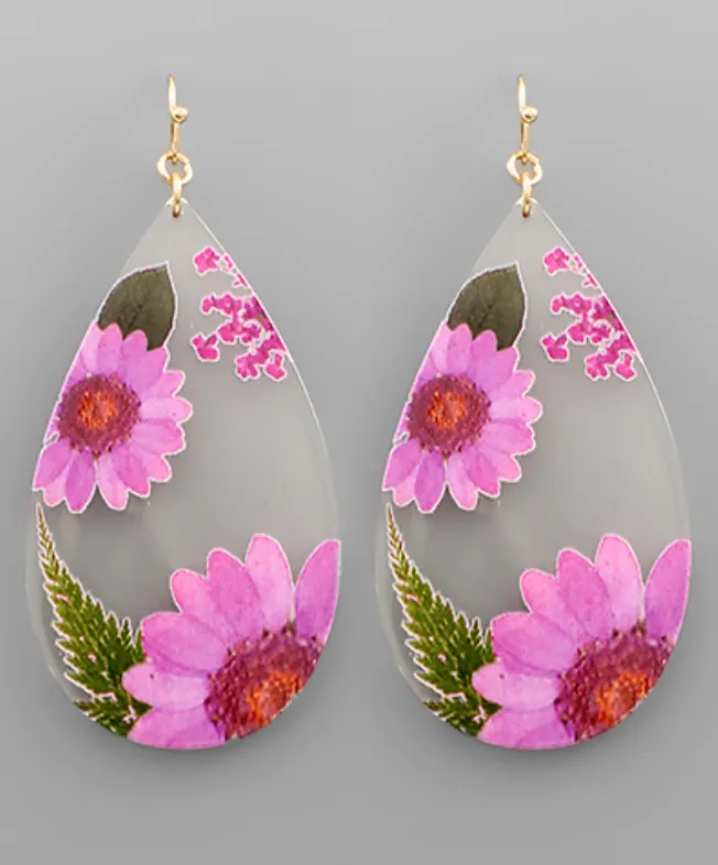 Flower Resin Teardrop Earrings