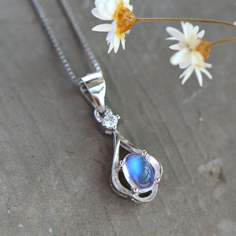 Moonstone Pendant Necklace in White Gold Plated Sterling Silver Gemstone Jewelry Women