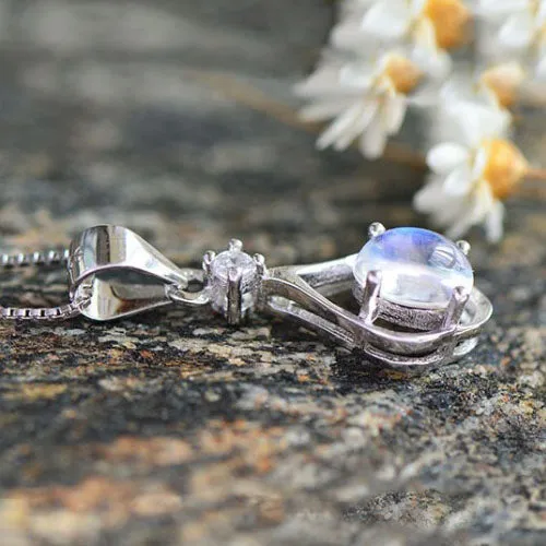 Moonstone Pendant Necklace in White Gold Plated Sterling Silver Gemstone Jewelry Women