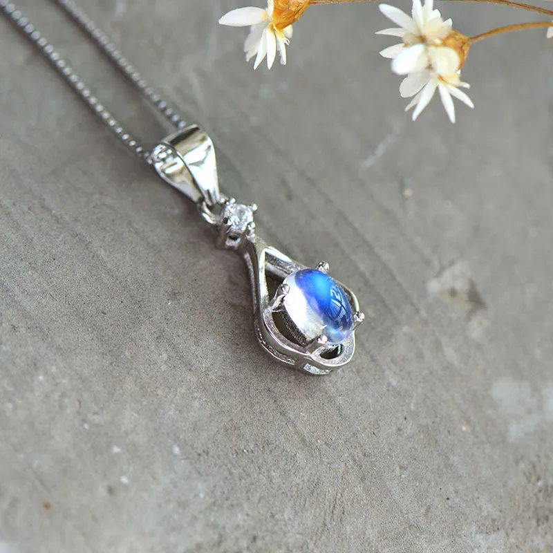 Moonstone Pendant Necklace in White Gold Plated Sterling Silver Gemstone Jewelry Women