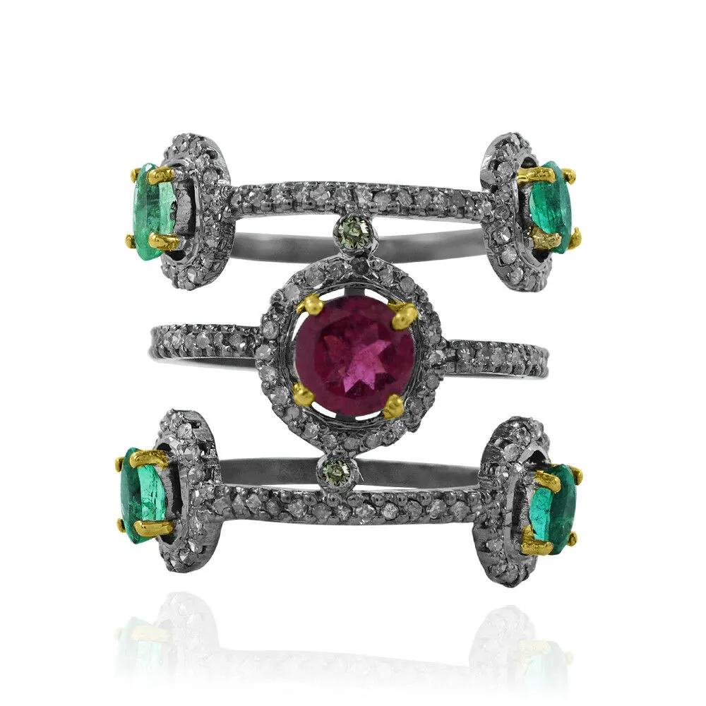 Natural Ruby Emerald Pave Diamond 925 Solid Silver Ring Jewelry Sz 7 RIMJOS-536