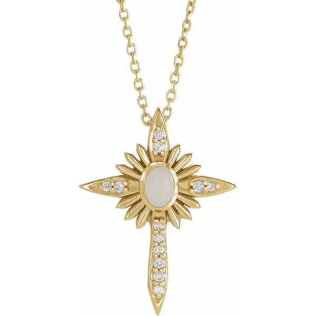Platinum 14k Yellow Rose White Gold Genuine Australian Opal Diamond Nativity Cross Pendant Charm Necklace
