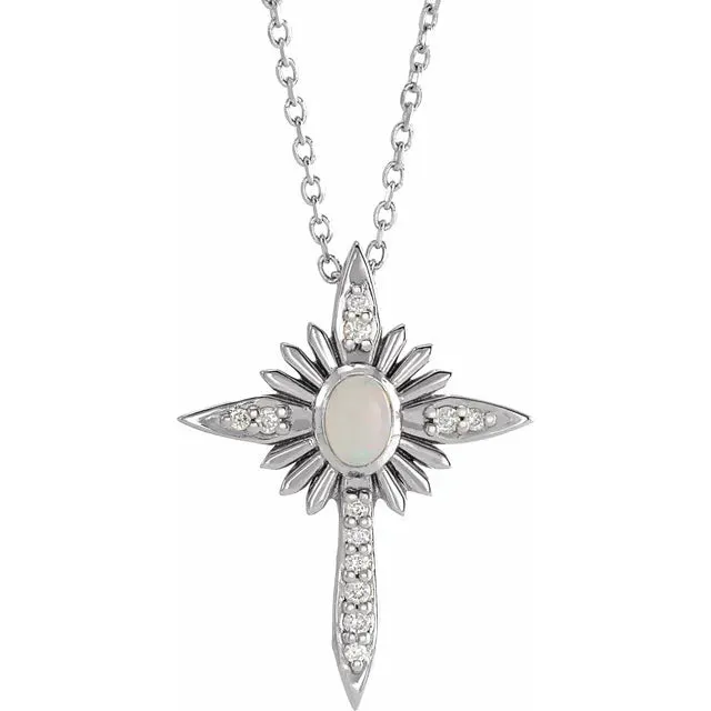 Platinum 14k Yellow Rose White Gold Genuine Australian Opal Diamond Nativity Cross Pendant Charm Necklace