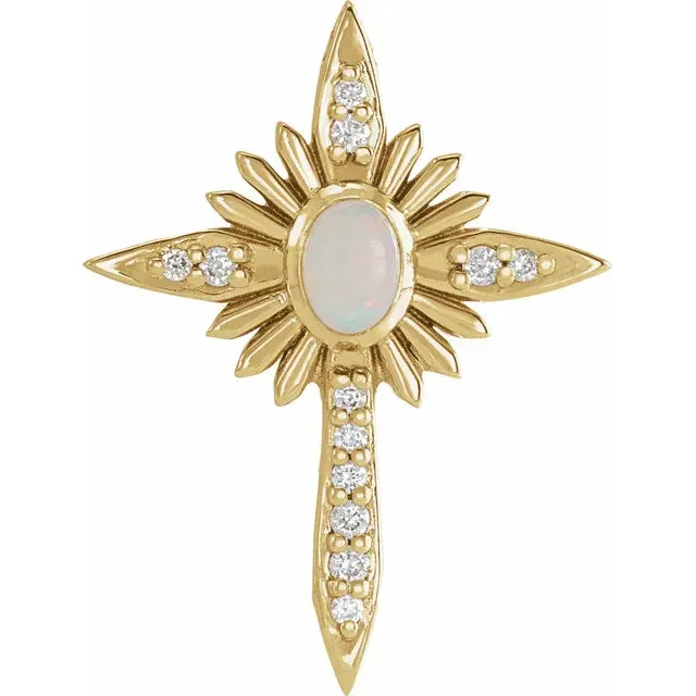 Platinum 14k Yellow Rose White Gold Genuine Australian Opal Diamond Nativity Cross Pendant Charm Necklace