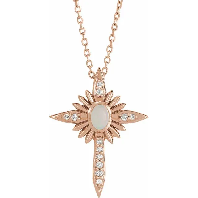 Platinum 14k Yellow Rose White Gold Genuine Australian Opal Diamond Nativity Cross Pendant Charm Necklace