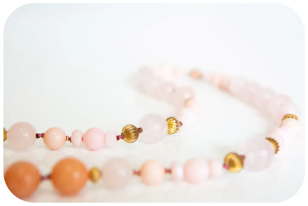 The Pink Opal, Rose Quartz and Orange Calcite Necklace with Gold Details