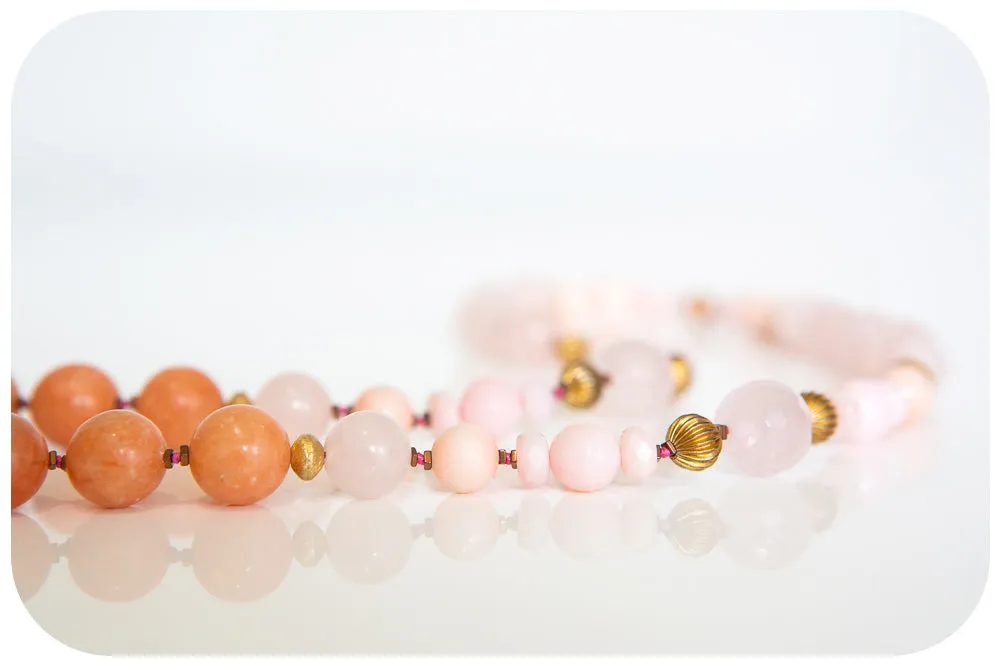 The Pink Opal, Rose Quartz and Orange Calcite Necklace with Gold Details