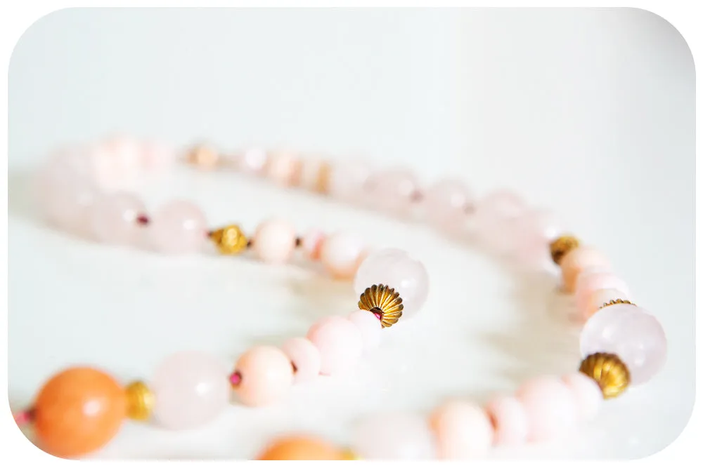 The Pink Opal, Rose Quartz and Orange Calcite Necklace with Gold Details