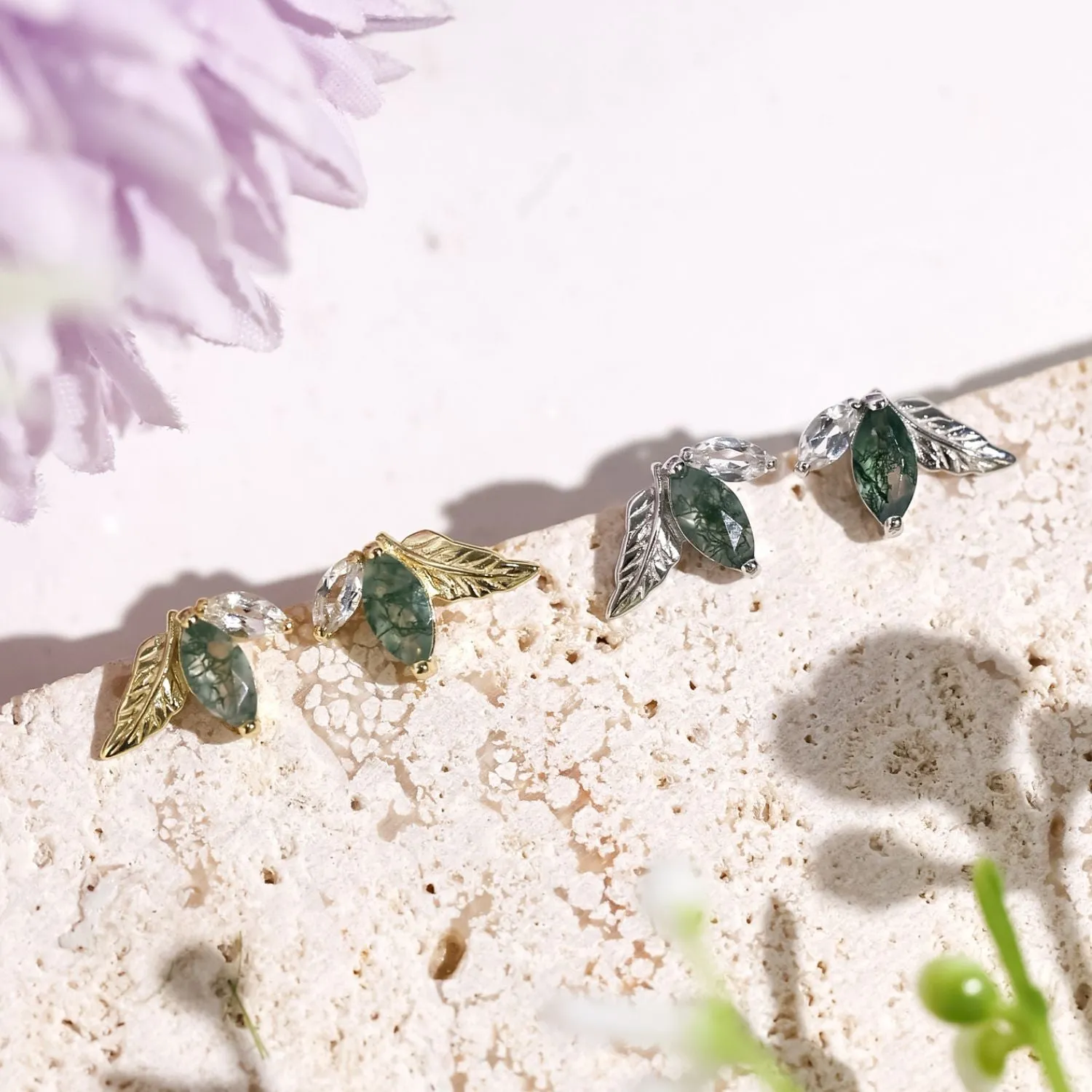 Verdant Moss Agate Studs (Yellow Gold)