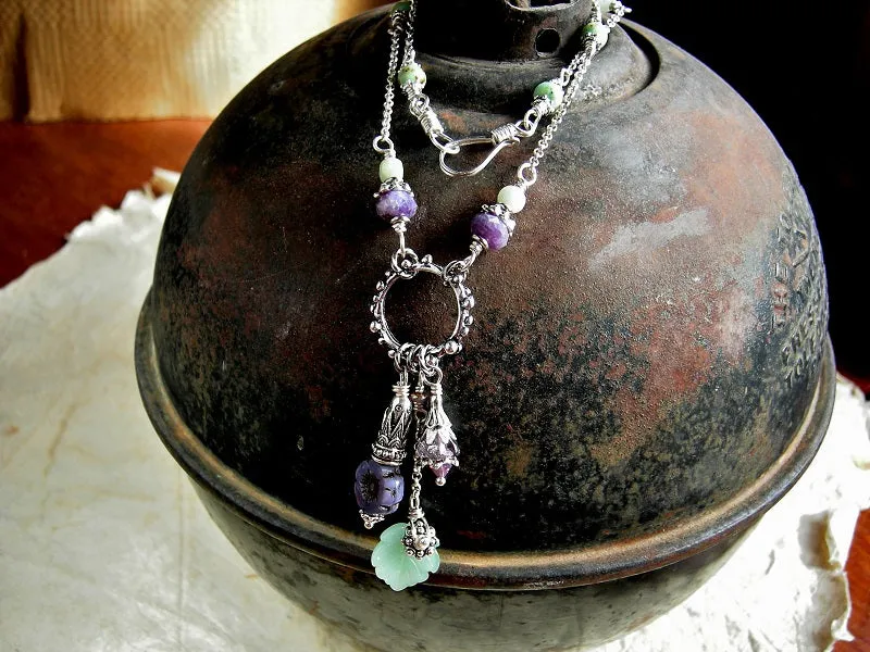 Violets in Spring Necklace, Purple & Green Gemstone, Silver Chain