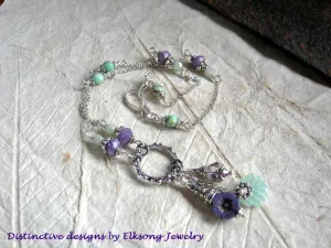 Violets in Spring Necklace, Purple & Green Gemstone, Silver Chain