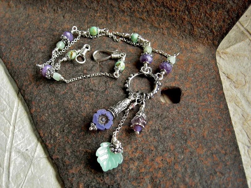 Violets in Spring Necklace, Purple & Green Gemstone, Silver Chain