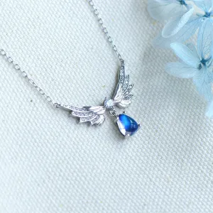 Womens Silver Blue Moonstone Guardian Angel Pendant Necklace For Women