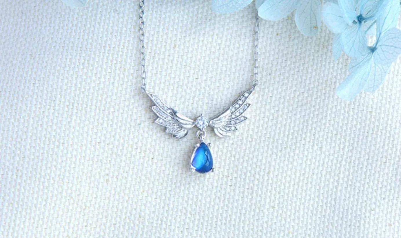 Womens Silver Blue Moonstone Guardian Angel Pendant Necklace For Women