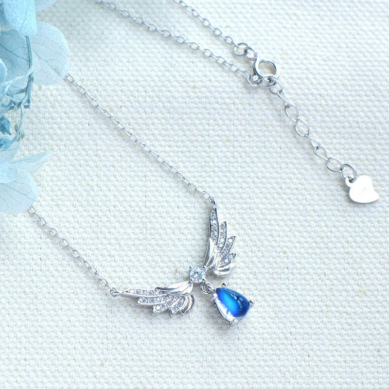 Womens Silver Blue Moonstone Guardian Angel Pendant Necklace For Women