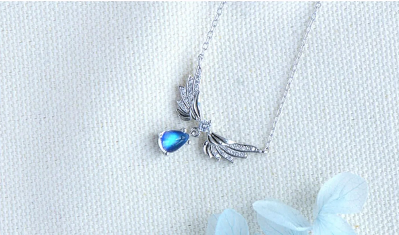 Womens Silver Blue Moonstone Guardian Angel Pendant Necklace For Women
