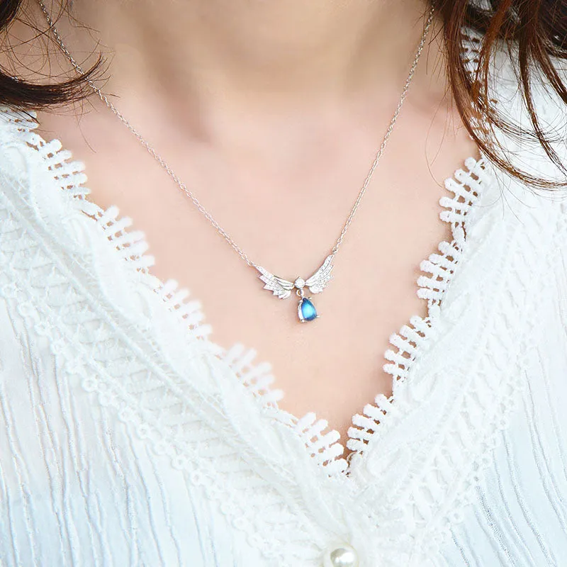 Womens Silver Blue Moonstone Guardian Angel Pendant Necklace For Women