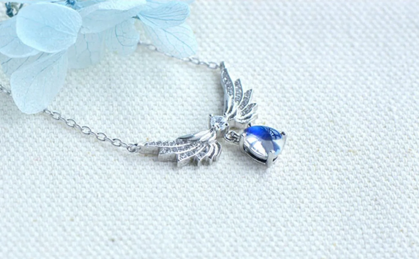 Womens Silver Blue Moonstone Guardian Angel Pendant Necklace For Women